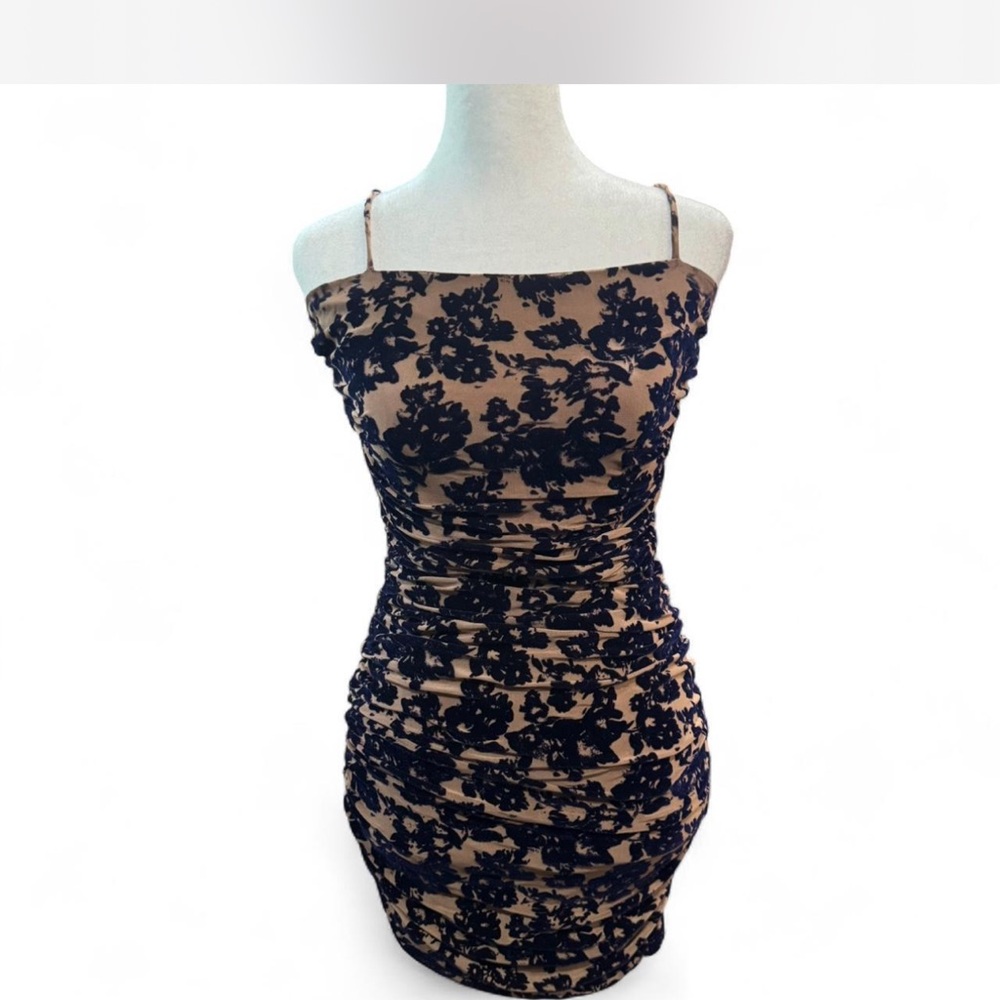 Windsor Navy velvet Floral Print Nude Ruched Spaghetti Strap Mini Dress